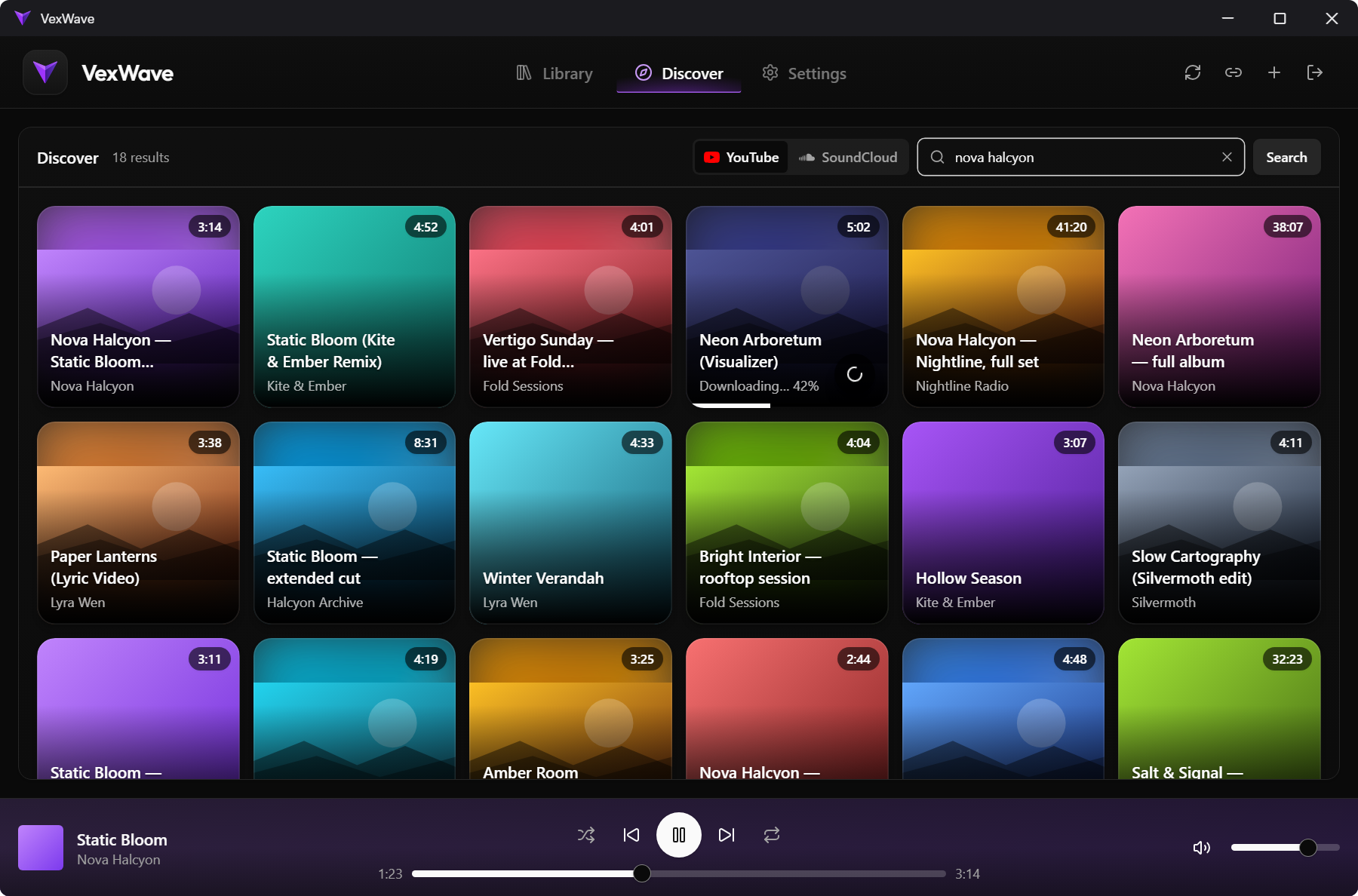Discover: YouTube search results inside VexWave, with one of them downloading into the library.