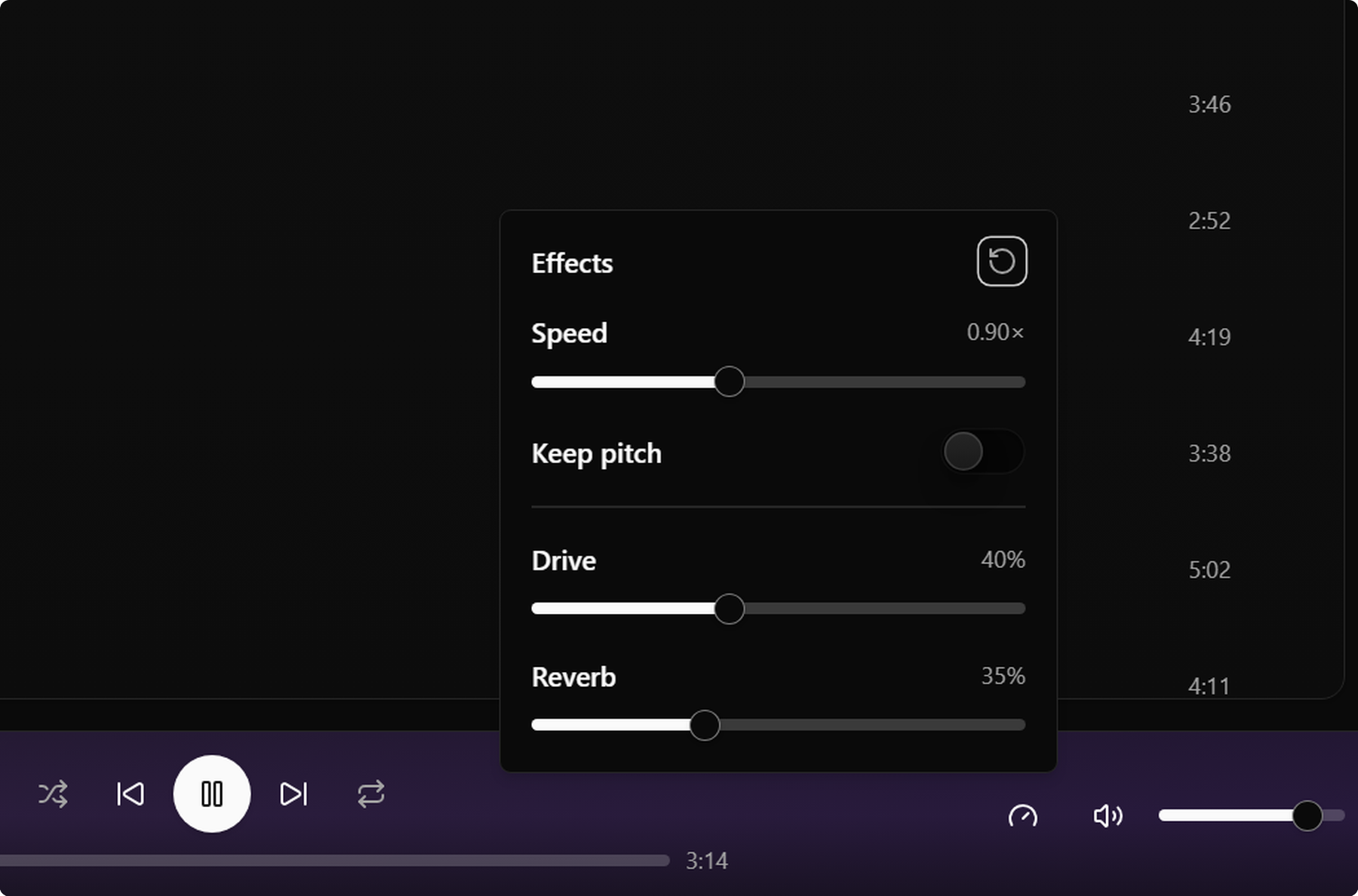 The effects panel open above the player bar, with speed, keep pitch, drive and reverb.