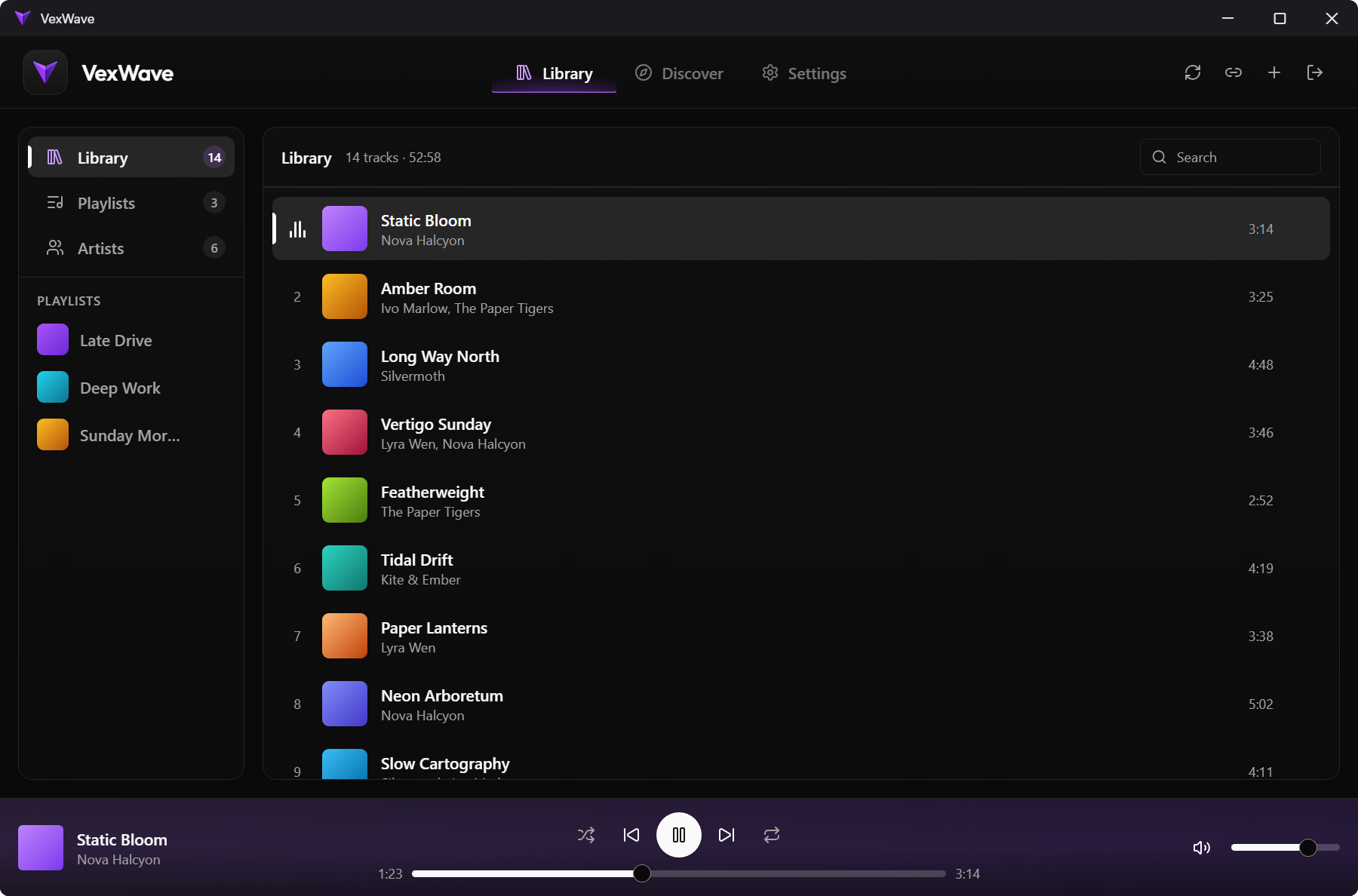 The VexWave library: fourteen tracks with cover art, a playlist sidebar, and Static Bloom playing in the transport bar.