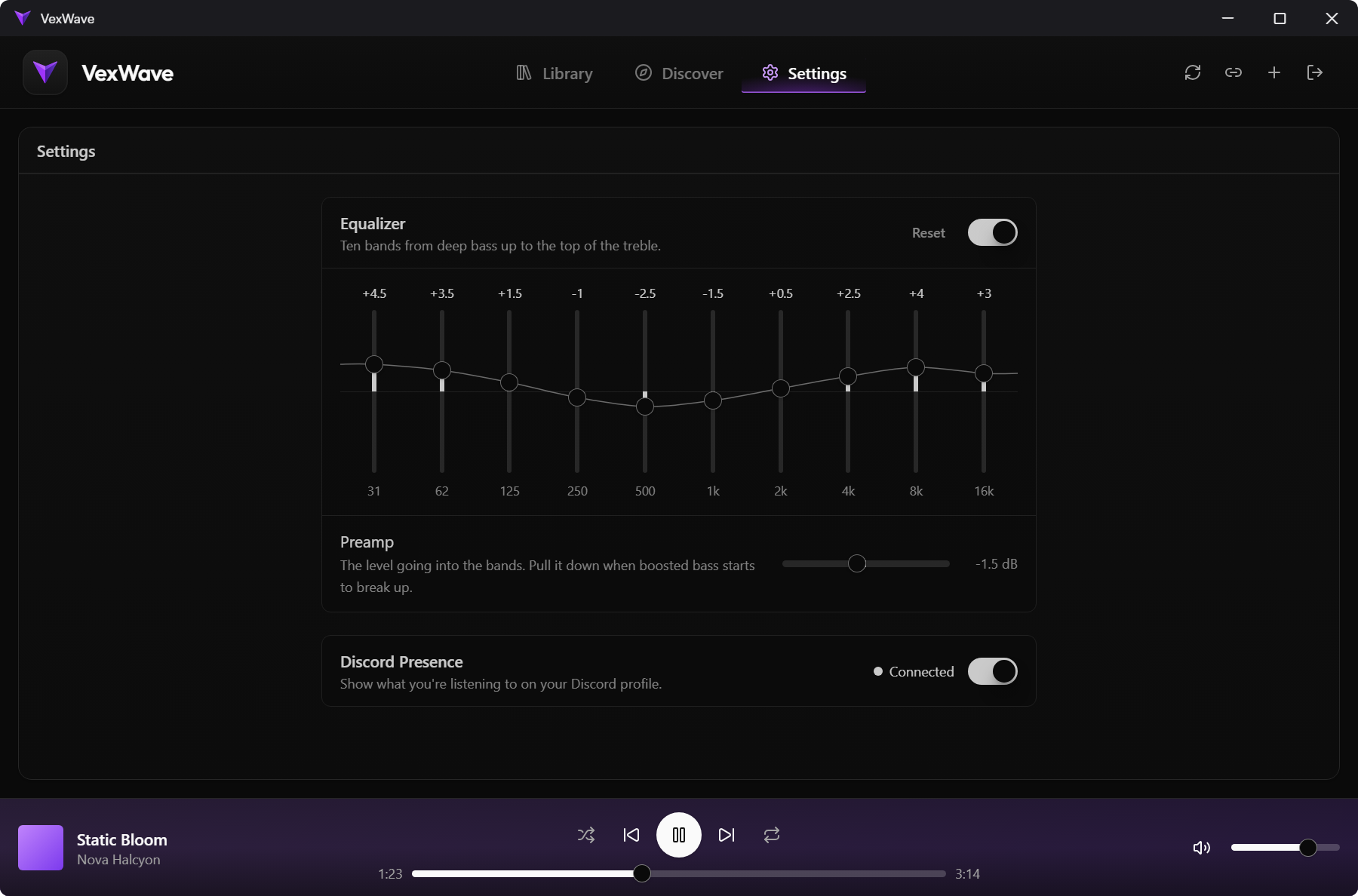 Settings: the ten-band equalizer with its sliders, beside the Discord presence switch.
